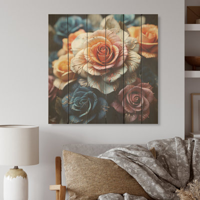 Rainy Rose Burst Of Rainbow Colors I - Roses, art sur bois de pin naturel