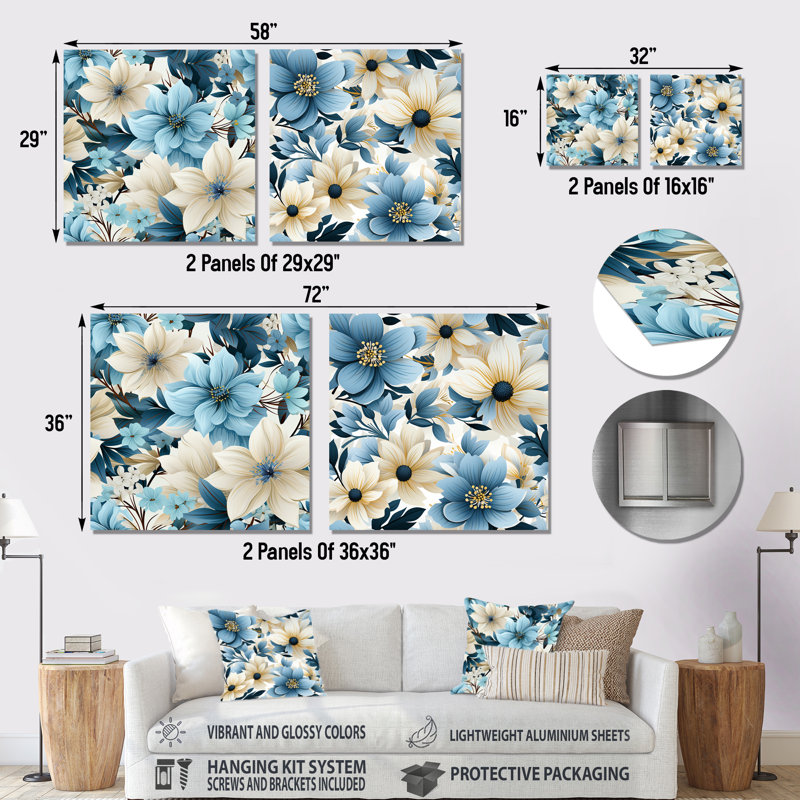 Eline - Ensemble de 2 carrés à motif floral en métal, H 29 po x l 58 po