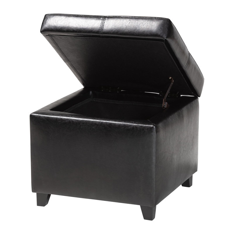 Leitch Faux Leather Ottoman, Black Faux Leather