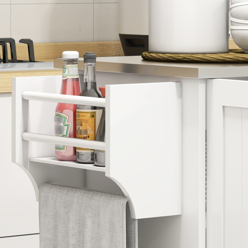 Poste de travail portatif avec îlot de cuisine avec tiroir - blanc, comptoir en acier inoxydable, 3 armoires, étagère à épices, support à serviettes, îlot roulant blanc, surface, tiroir et pour le travail productif