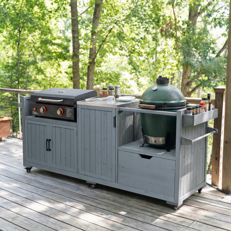 80.5'' Outdoor Kitchen Island For Big Green Egg & Blackstone Griddle, Solid Wood Grill Cart With Stainless Steel Top & Drawer