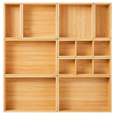 Ensemble de 9 bacs de rangement en bois de bambou, boîtes de rangement réglables pour la cuisine et le bureau, contenants de rangement empilables