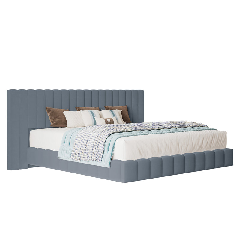 Floating Upholstered Bed Frame with Oversized Headboard and RGB LED Lighting, Gray, King