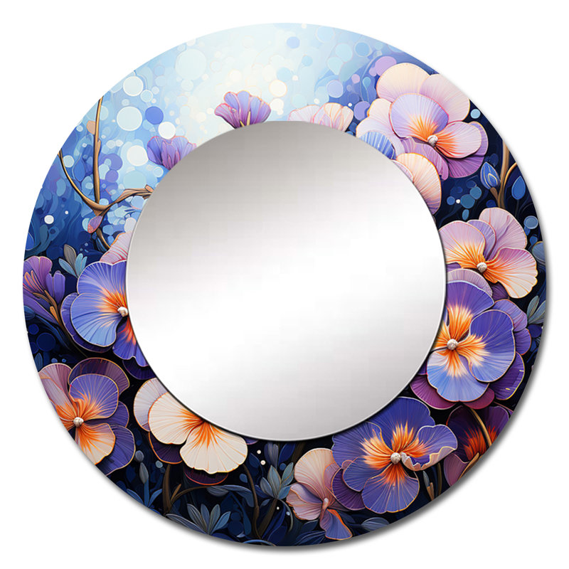Mauve Pansies Field Pointillism Dot II - miroir décoratif Pensies, miroir mural rond traditionnel, impression d'art en métal