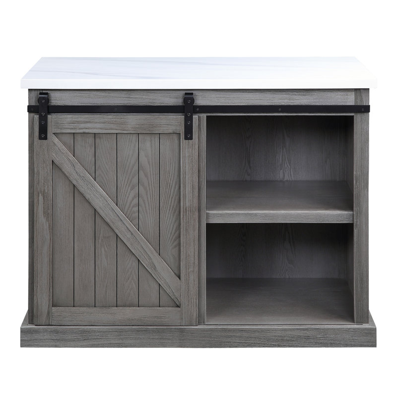 Gray Oak Kitchen Island with White Marble Top and Sliding Barn Door