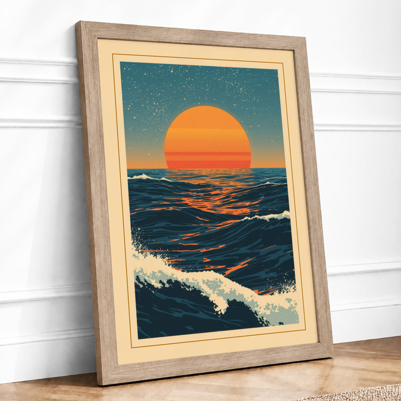 Sun Over Waves Coastal - Framed Print, A2 - 59.4 x 42.0 cm, Oak