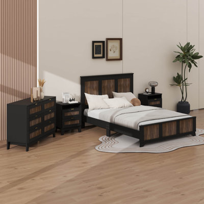 Ensemble de chambre à coucher 4 pièces avec grand lit plateforme et bande de bois