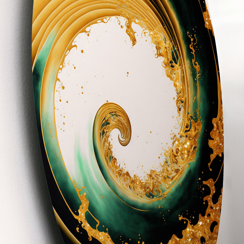 «Bold Gold Half Circle - Abstract Spirals», art mural rond sur métal, L 16 po x H 16 po