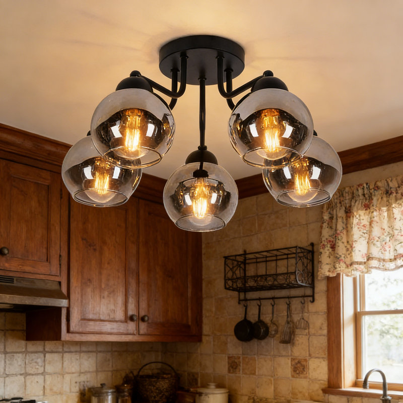 5-light Glass Semi Flush Mount smoke grey Ceiling Light