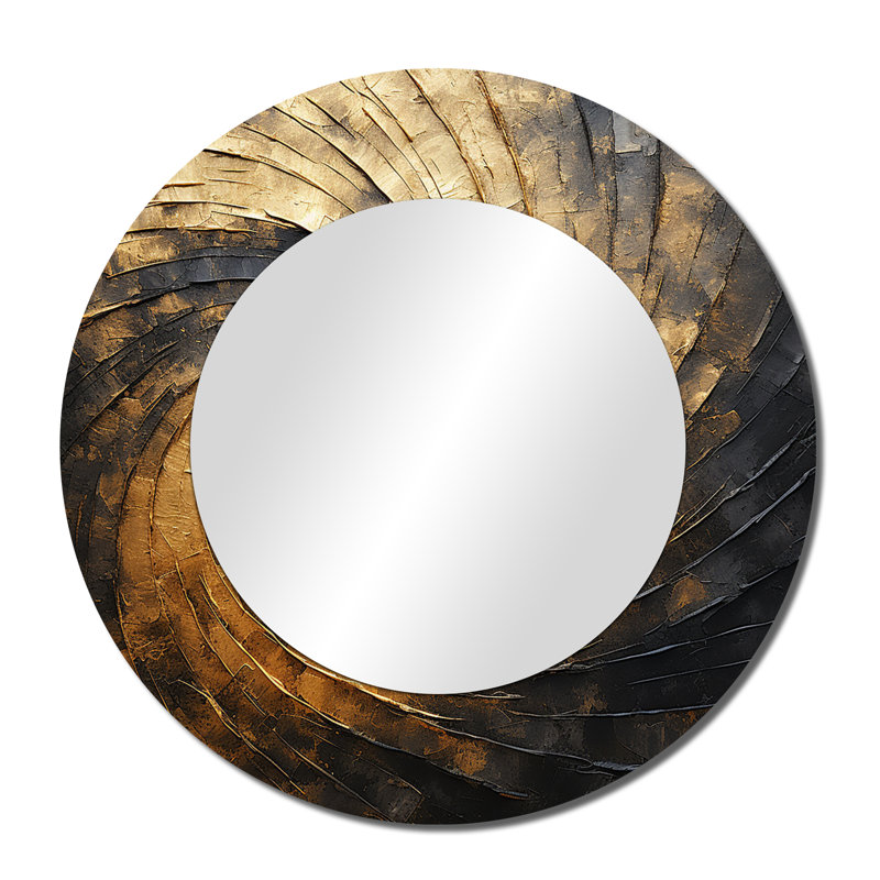 Samith Gold Black Spiral Poteries I - Abstract Spirals Large Mirror, Gold Round Unique Wall Mirror Decor, Printed Metal Art