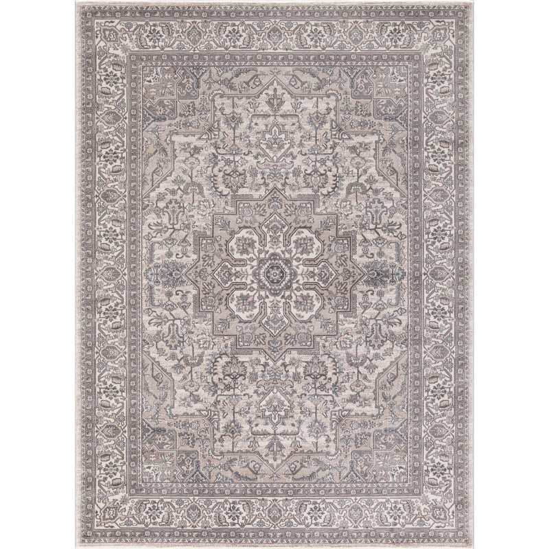 Ivory and Gray Synthetic Traditional Area Rug 6'7" x 9'3"