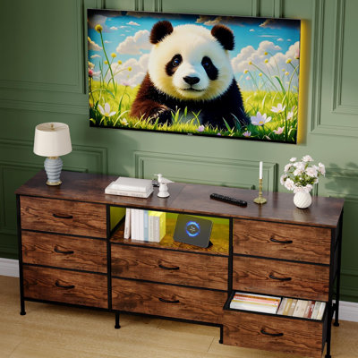 63" TV Stand with 8 Fabric Drawers and LED Lighting, Steel Frame Media Console for 65 70 75 Inch Televisions