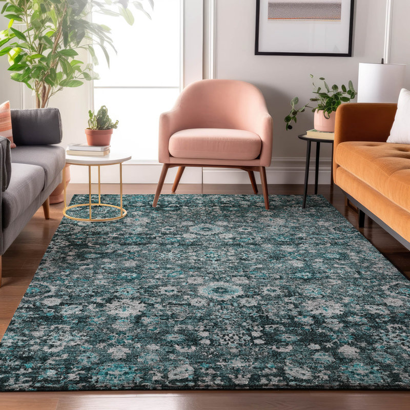 Premium Machine Washable Cerrito Teal Rug, Rectangle 3' x 5'
