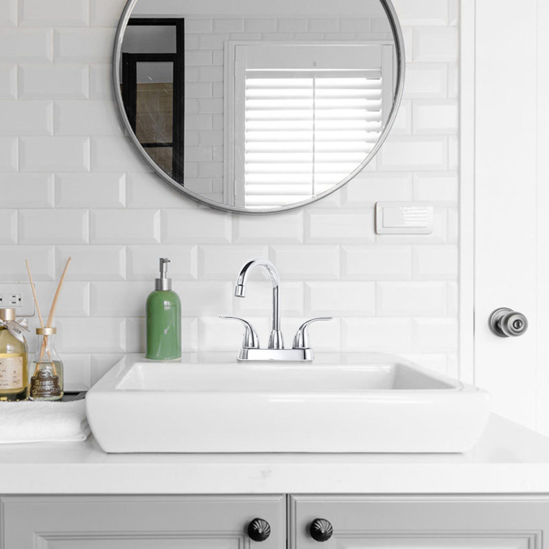 4 po Robinet pour salle de bain à poignée double et centre à arc à petite arche avec drain escamotable, Chrome