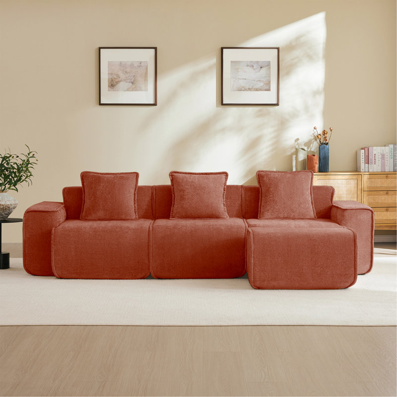 Canapé modulaire en L à 3 places avec passepoil à bordure française, sans assemblage requis, canapé 3 places avec coussins décoratifs et 1 repose-pieds mobile, tissu de velours rouge
