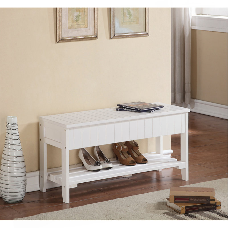 Banc à chaussures en bois massif de qualité avec rangement, blanc