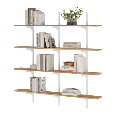 48" X 6" Floating Bookshelf With Adjustable Brackets, Real Wooden Shelves For Wall, Shelves For Living Room, Storage Shelving Unit, Decorative Shelves, Farmhouse & Boho Decor, 4 Tier Shelf, Burnt