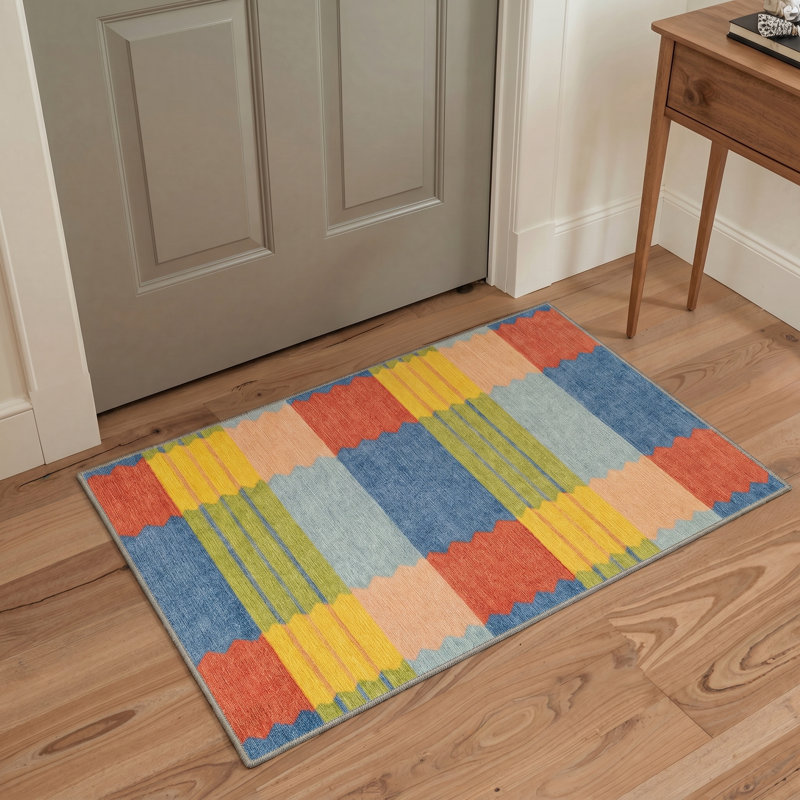 Tapis intérieur bleu / rouge / jaune Liadan Verve lavable à la machine avec envers antidérapant, Rectangle 5' x 7'