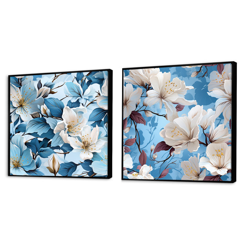 Madeline - Ensemble de 2 collages carrés floraux, Cadre flottant noir, H 16 po x l 33 po