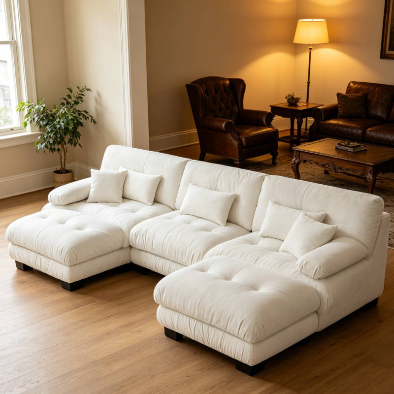 Canapé modulaire en U rembourré avec 2 repose-pieds, Blanc, 35.4" H x 133.8" W x 59.6" D