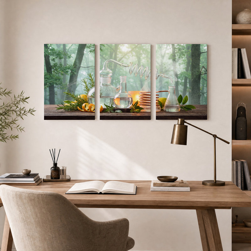 «Glass Distillation Apparatus with Rosemary in Forest», ensemble de 3 impressions sur toile, H 24 po x l 16 po x 3 pièces