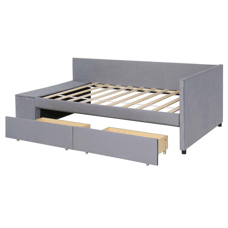 Lit plateforme simple tapissier en forme de L avec rangement et tiroirs