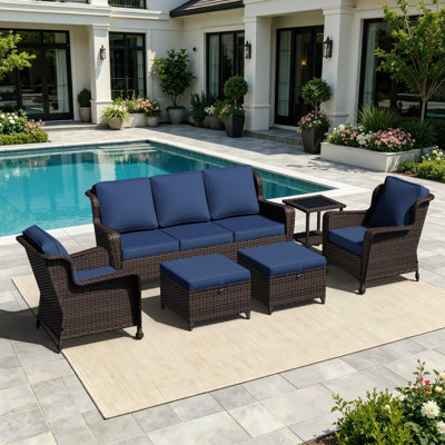 5-Person Patio PE Wicker Furniture Set with Side Table, 3-Seat Sofa, 2 Armchairs and 2 Ottomans with Blue Cushions