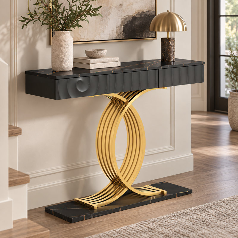 Table console d'entrée étroite moderne de 121 cm (47,54 po) avec 3 tiroirs, noire et dorée, avec structure en métal