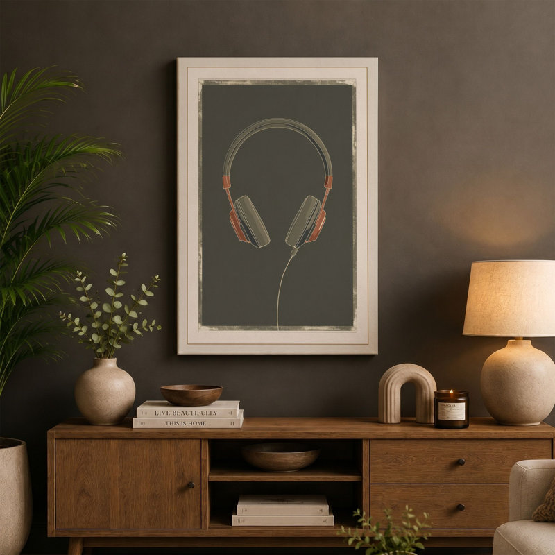 Headphones in Gold Modern - Wrapped Canvas, 30x20 - 76.2 x 50.8 cm, Sage Border