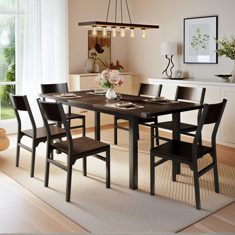 63" Extendable Kitchen Table Set for 4-6 People, 7-Piece Large Dining Table Set with 6 Chairs,Mid-Century Dining Room Table