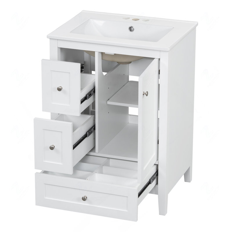Meuble-lavabo de 24 po avec rangement, tablette réglable, panneau de fibres à densité moyenne et bois d'hévéa, cloisons amovibles, finition blanc brillant