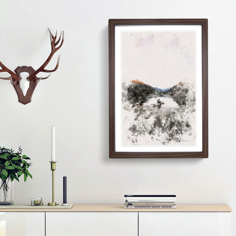 Kayaking Through the Mountains - Picture Frame Painting Print, 33cm H x 24cm W x 2cm D, Walnut Framed