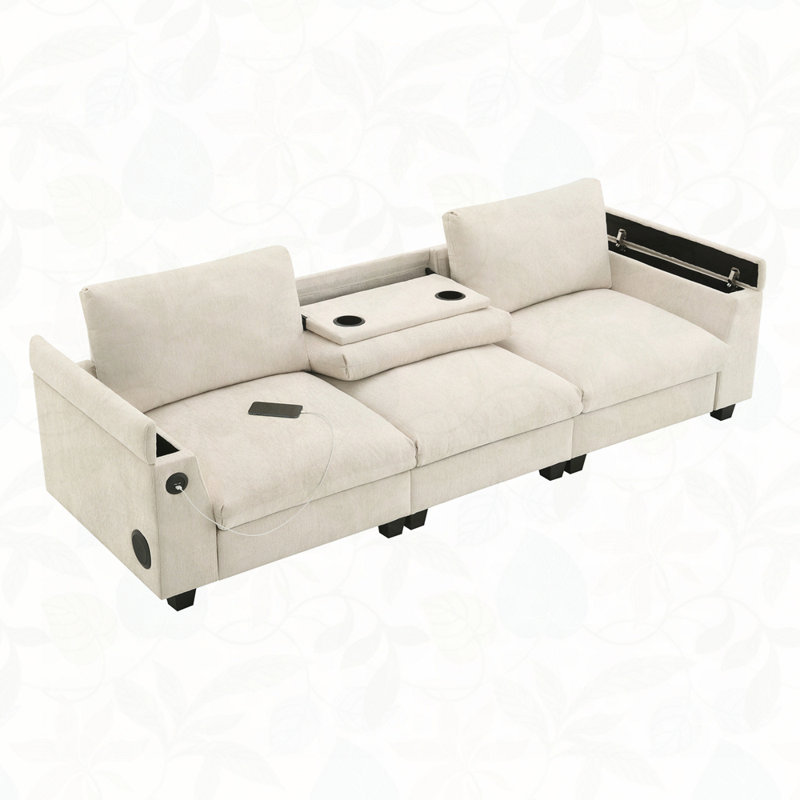 Chenille Sectional Sofa with Bluetooth Speaker,Comfy Cloud Couch Set with Drop Down Table,Cup Holders,USB Charger,Storage Armrest,Wide Seat Sofa for Living Room,Apartment,Office