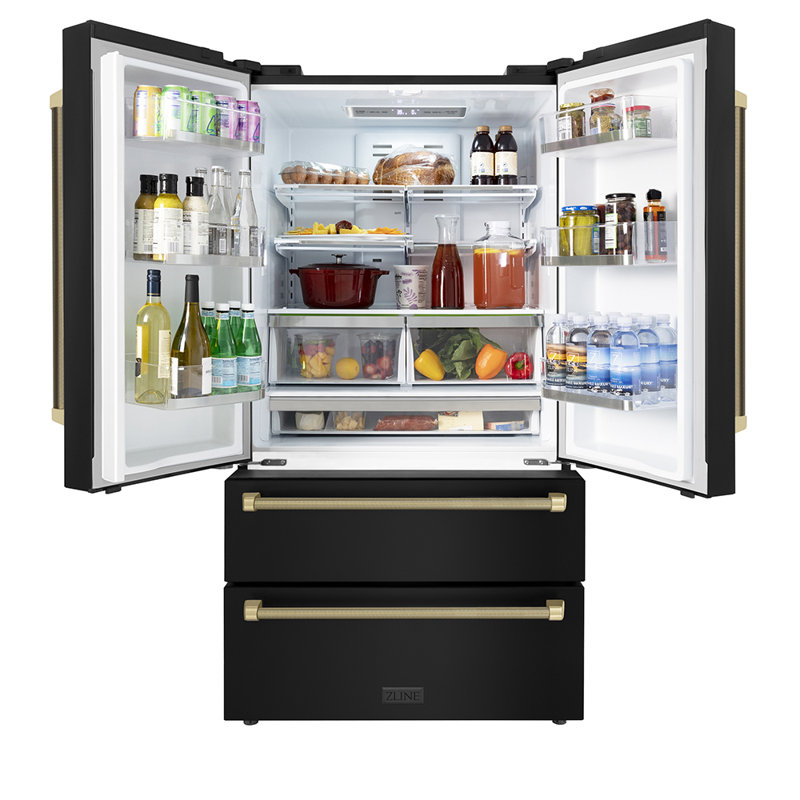 ZLINE Autograph 36 in. Counter-Depth Refrigerator in Black Stainless Steel and Bronze Helix Handles, Champagne Bronze