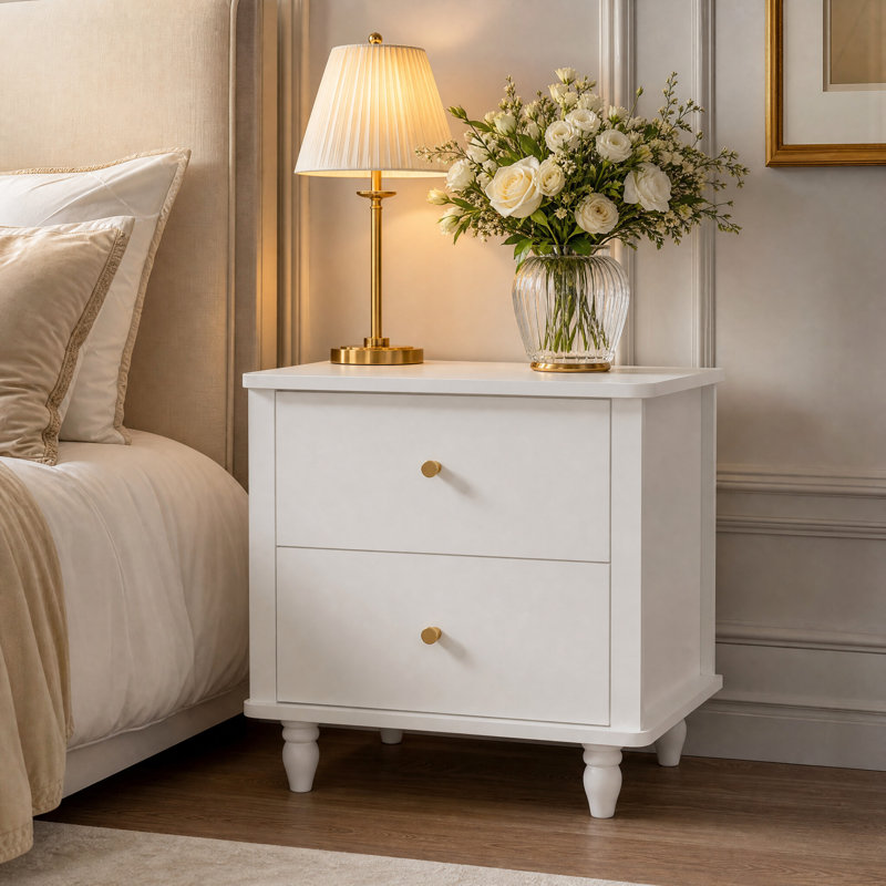 Modern Nightstand 2 Drawers White Round Knobs