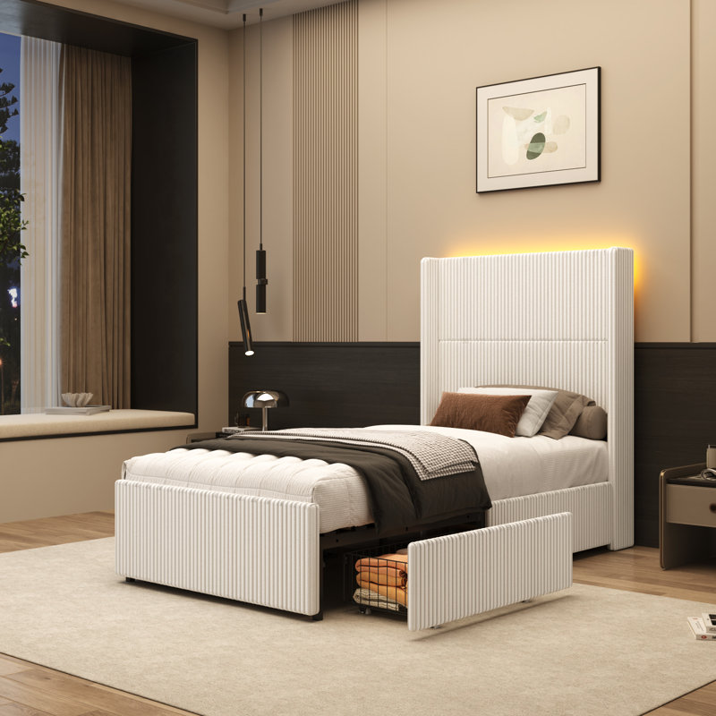 Corduroy Upholstered Platform Bed With Drawers, LED Light, Wingback Headboard, And Footboard, No Box Spring Needed, Full