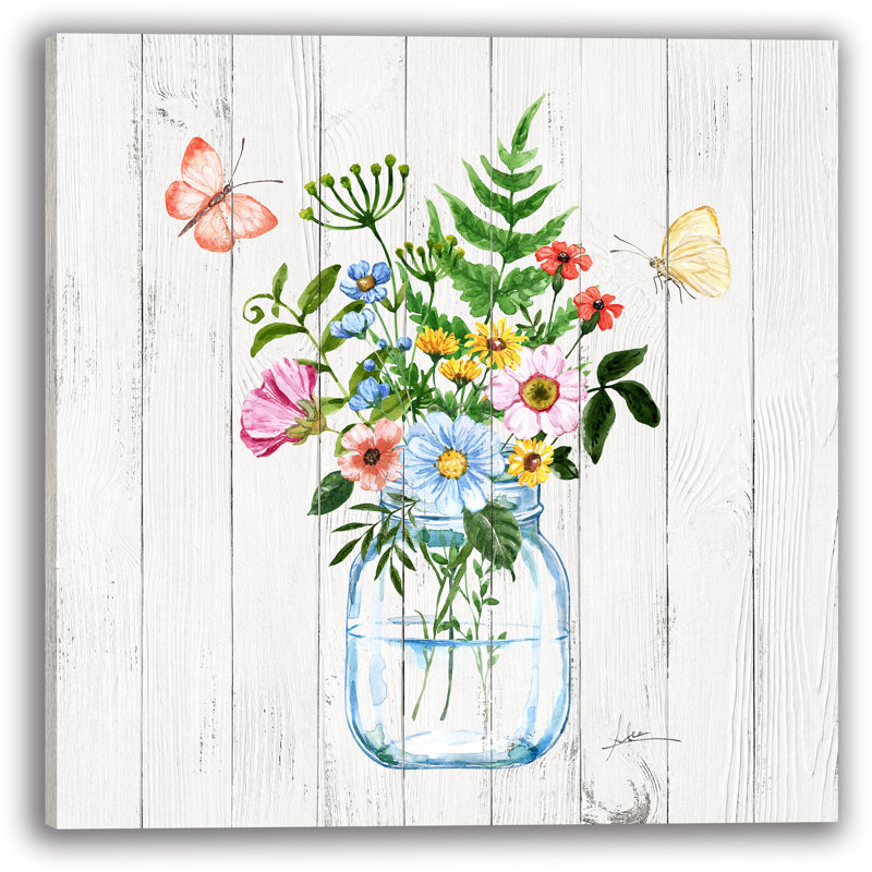 Papillons et fleurs sauvages dans un pot Mason - Art mural aquarelle floral rustique, H 20 po x l 20 po