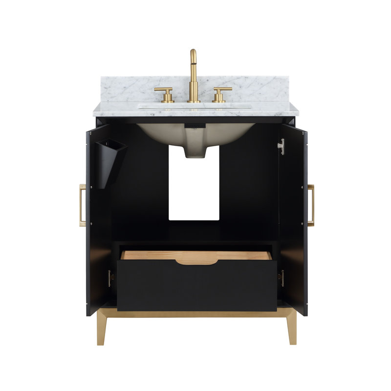 Gracie 30'' W Single Vanity, Midnight Black, Satin Brass, Carrara Marble