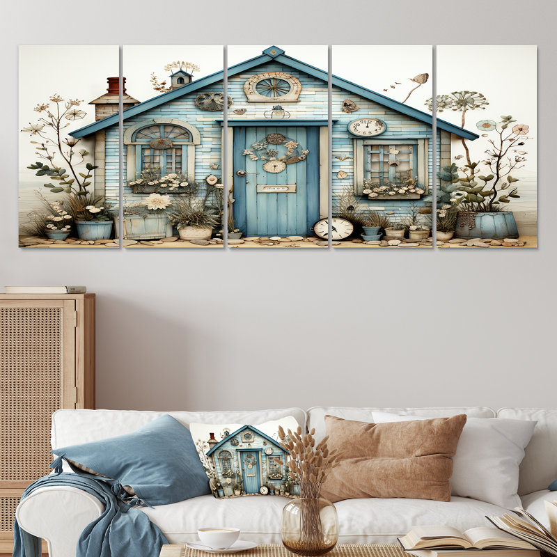 «Blue Beach House Collage Tranquility - Landscape Cottage», art mural 5 pièces, H 28 po x l 60 po
