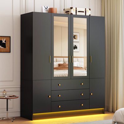 75" Tall 4 Doors Armoire Wardrobe Closet With 3 Drawers, Wooden Wardrobe Cabinet With Led Lights & Mirror, Freestanding Clothing Storage Cabinet With Hanging Rod, Adjustable Shelves
