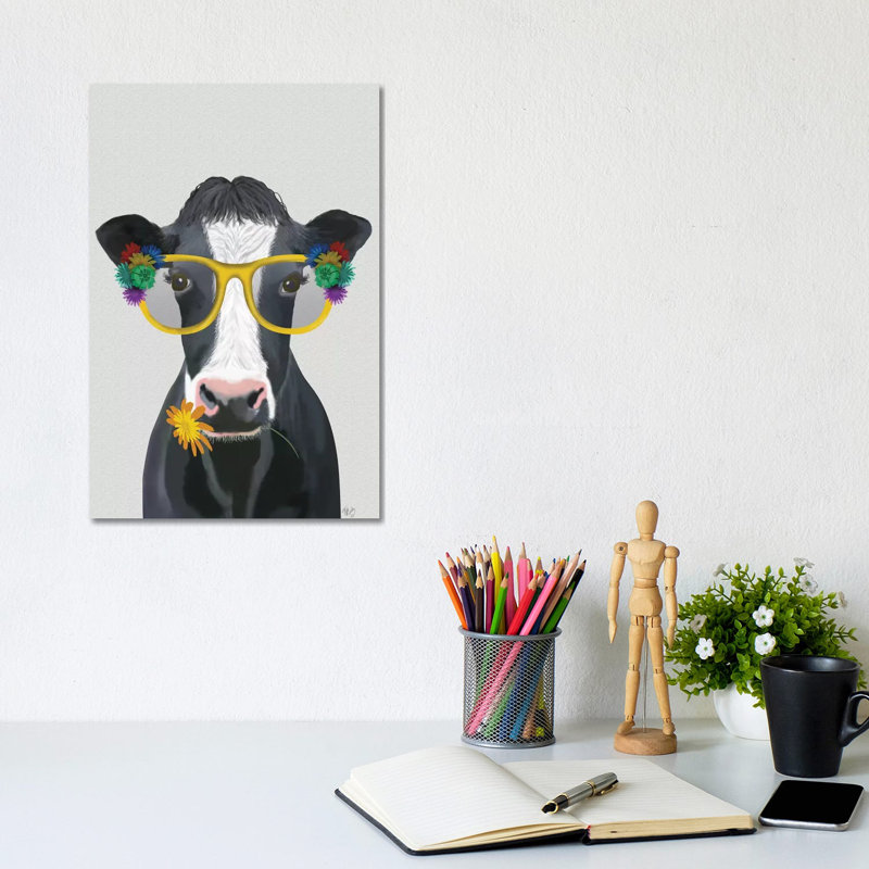 Cow and Flower Glasses 1 Piece Wrapped Canvas Wall Art, 20.32 cm H x 30.48 cm W