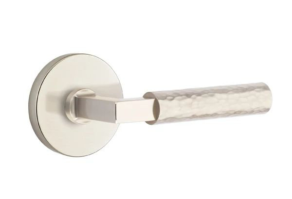 Mortaise intérieure Emtek Select avec rosette à disque et tige carrée en L, levier martelé, Oui, Nickel satiné