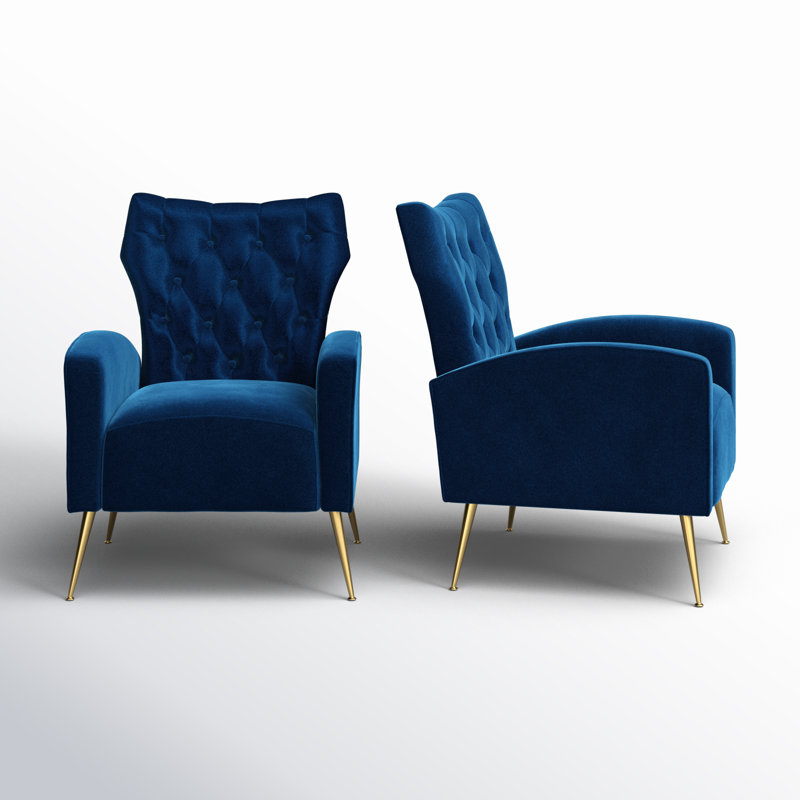 Fauteuil à oreilles en velours de polyester Tonas, Velours bleu marine