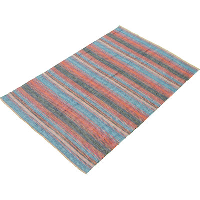 Tapis géométrique en laine bleu clair / rose / vert à motif géométrique fait à la main