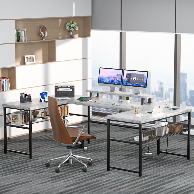 Manasa 83" U-Shape Computer Desk with LED Light Strip and Sockets, Light Walnut/Black