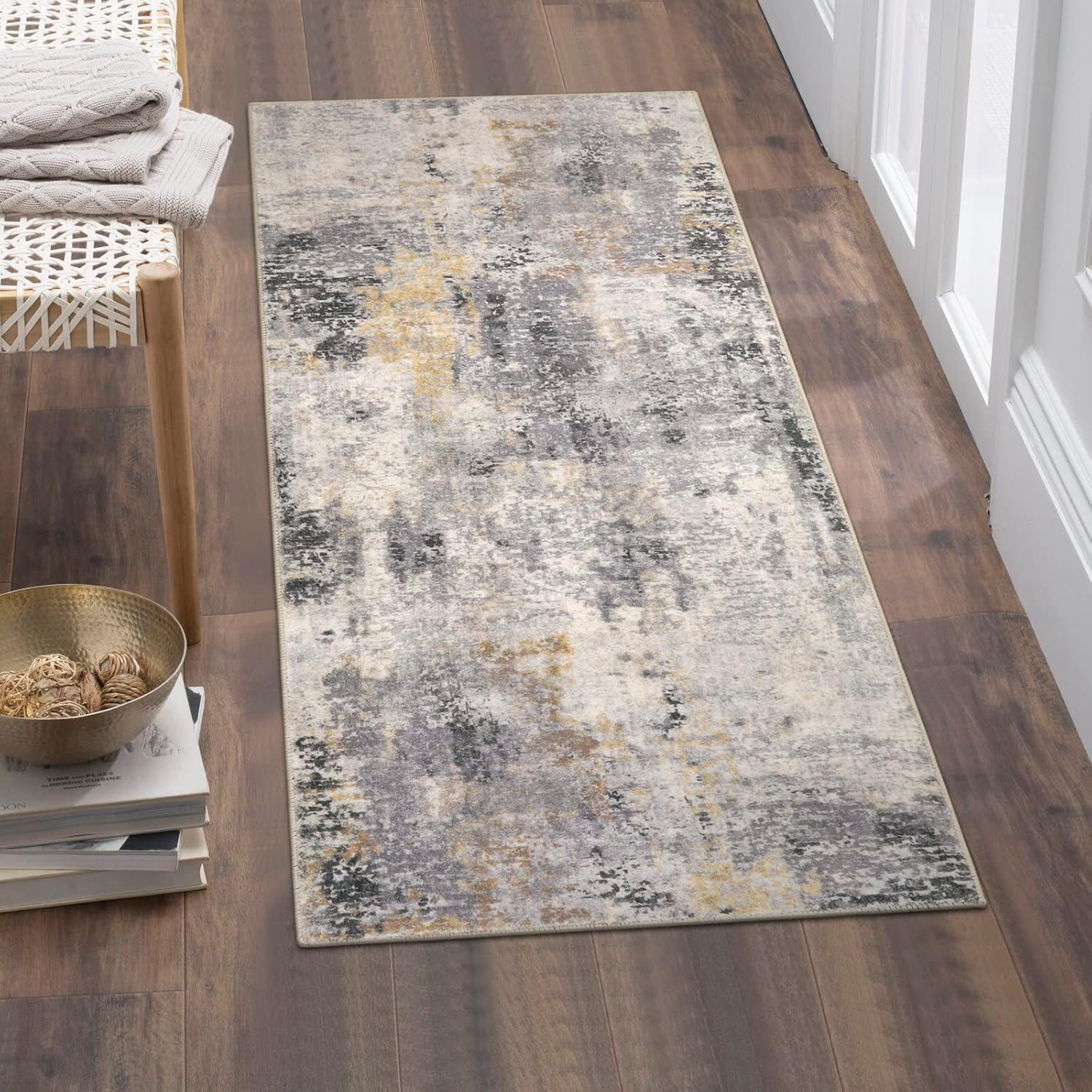 17 Stories Modern Abstract Gray Bathroom Runner Rug, 2X4.3 Washable ...