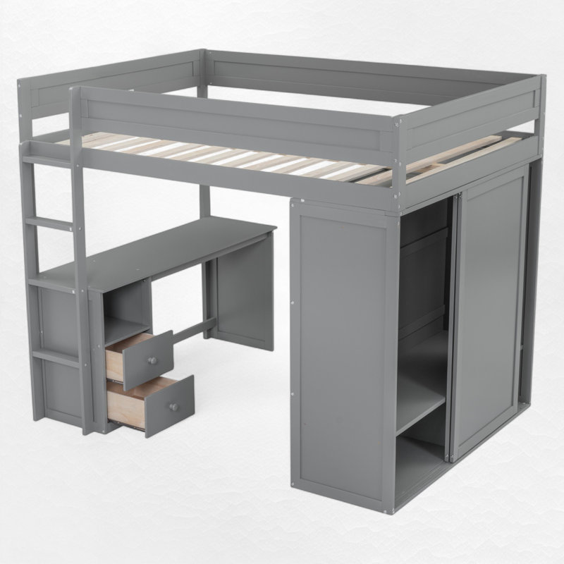 Lit mezzanine avec bureau intégré et garde-robe, Double, Grey