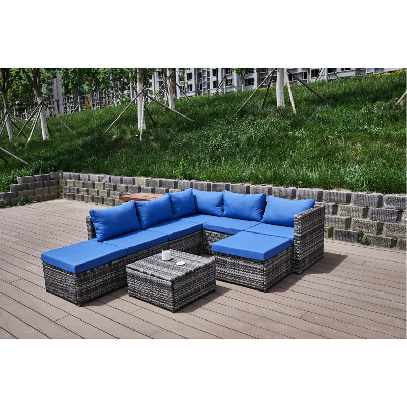 Patio With Cushions - Stylish And Comfortable For Outdoor Gatherings. Powder-Coated Steel Frame Handwoven All-Weather In . Water- Blue Grey. Ideal Backyard, Patio, Deck, Or Porch Make Your Backyard