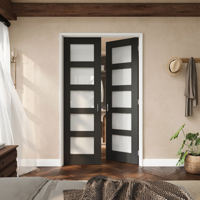 48" X 80" 5-Lite Black Frosted Glass French Door With Silver Hinges, Privacy Glass Door Slab With Frame, Sound-Dampening & Waterproof, Suit For Laundry, Closet Doors, Room Doors, Ball Catch & Door Handle Included