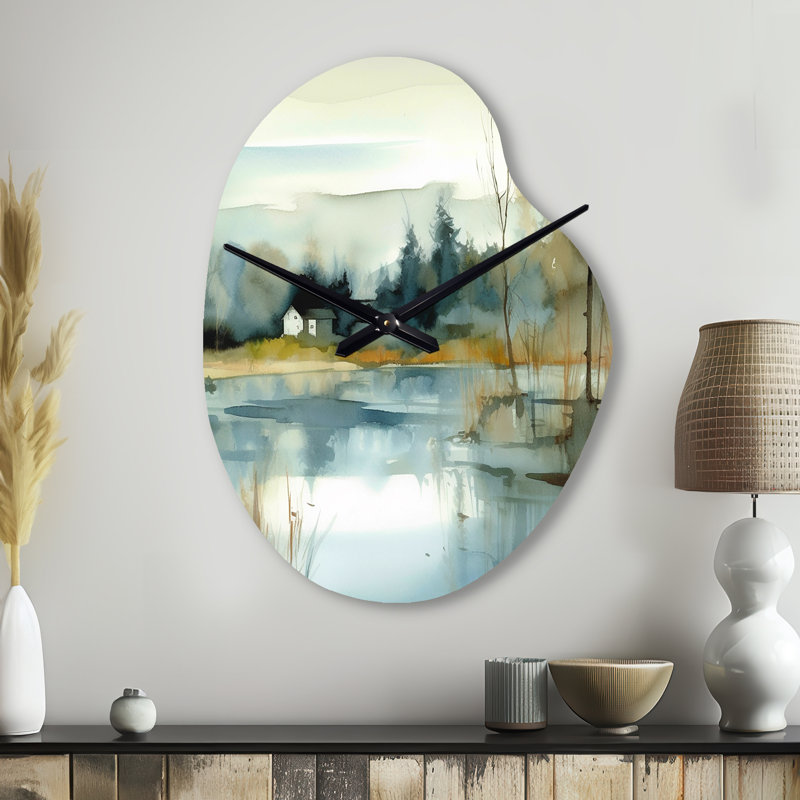 Summer Lake Landscape Illustration V - Lake - Horloges murales asymétriques en métal, horloge murale bleue, Grand